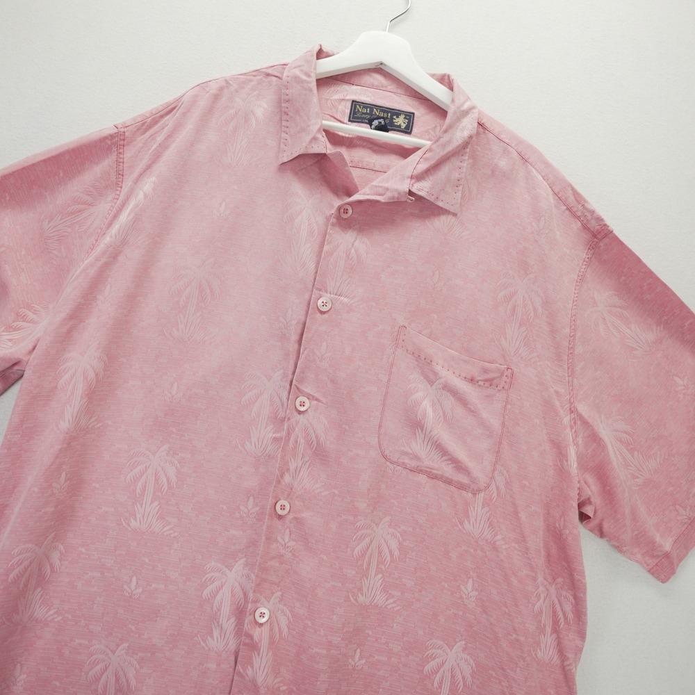 Nat Nast‎ Mens XXL Pink 100% Silk Palm Tree Jacquard Short Sleeve Camp Shirt